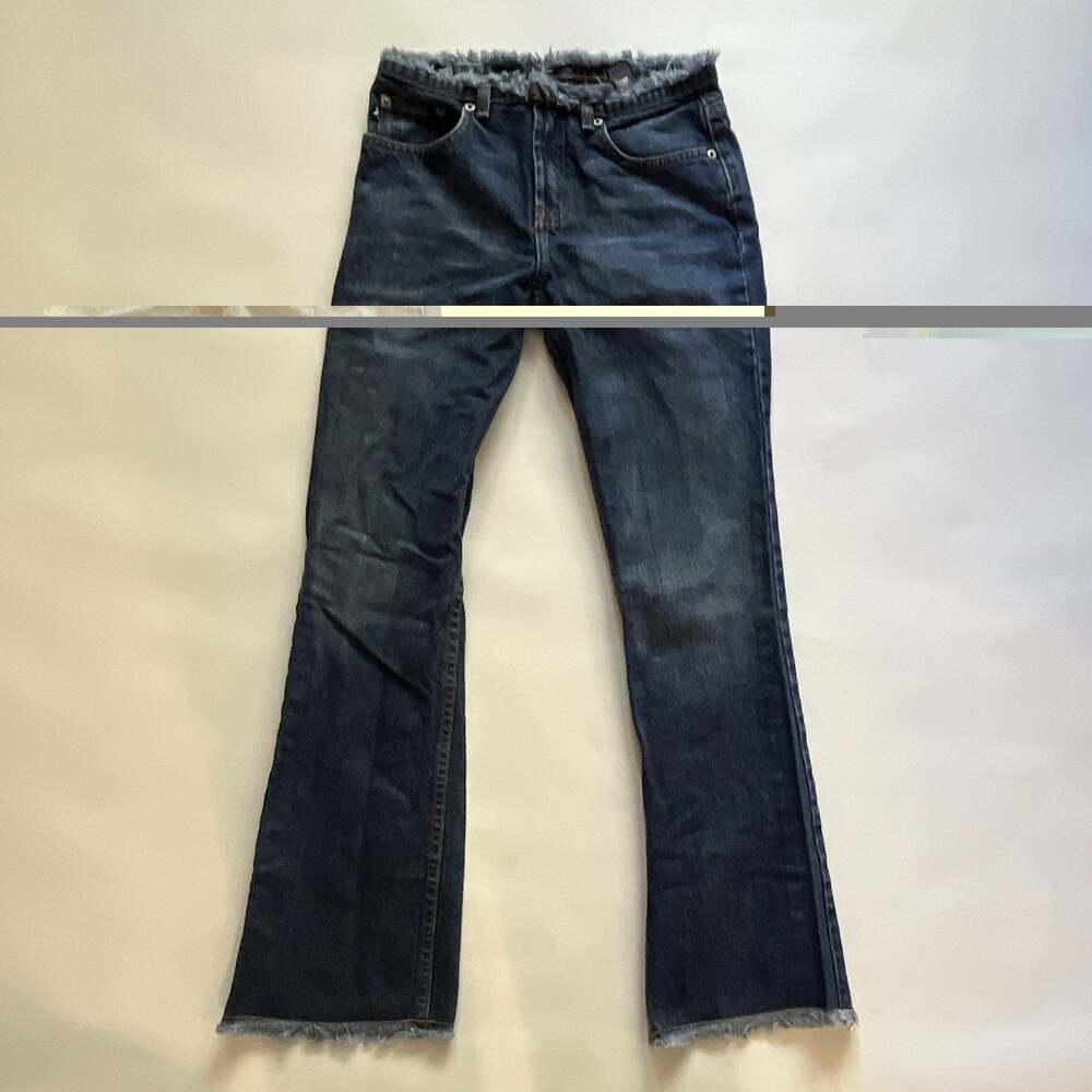 Y2K Express Flare Jeans Raw Hem 1 / 2 Short Petite Women's Blue Denim Mid Rise
